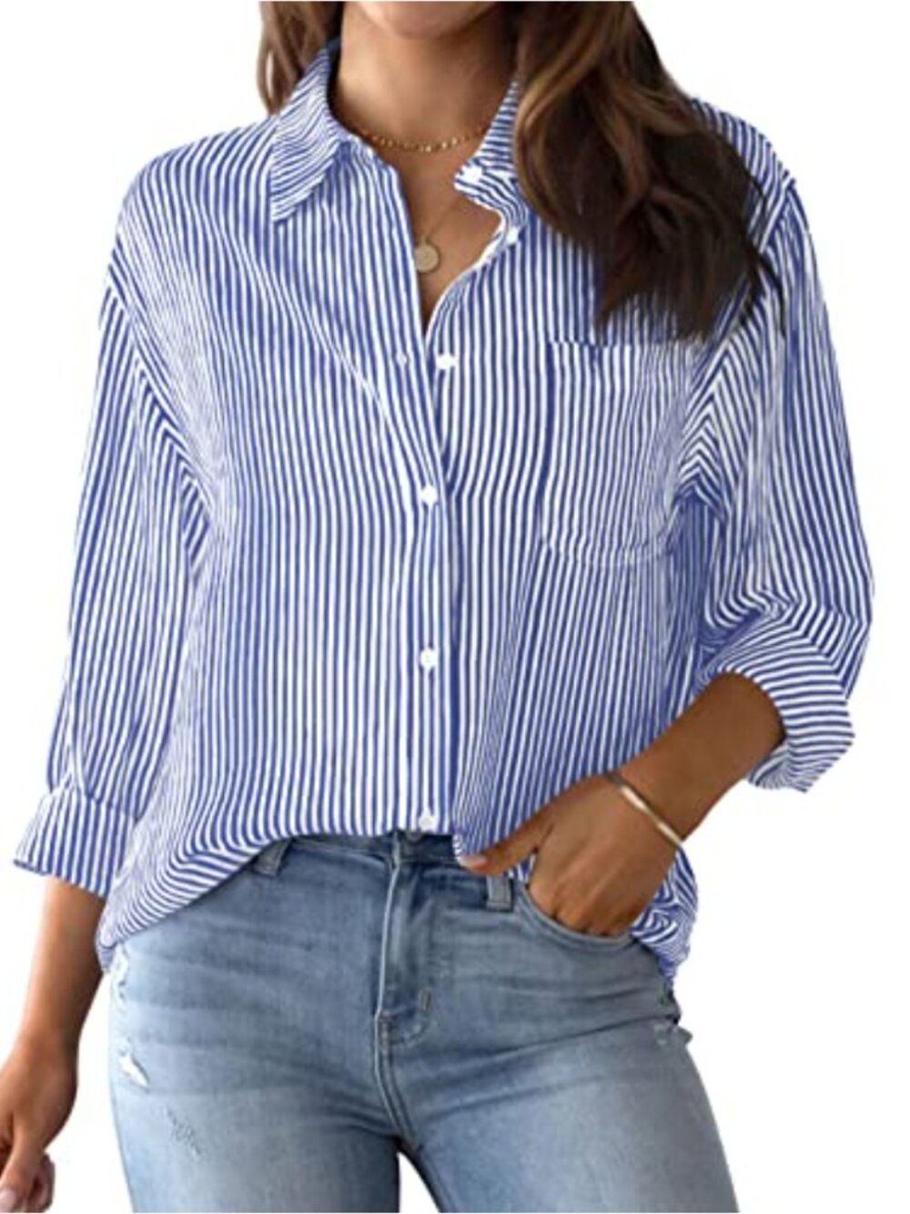 Women's Striped Button Down Long Sleeve Collared Office Work Blouse with Pocket